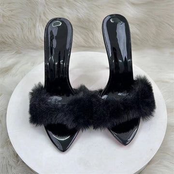 12Cm Pointed Thin Heeled Tips High Heels Women Black Hair Cool Slippers High Quality Shoes